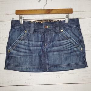 X2 Quality Denim Dark Wash Skirt size 8 Pockets Logo Leopard Button Zipper